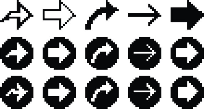 Retro pixel art right arrow cursor signs collection vector illustrations for eighty bit arcade video game interface design