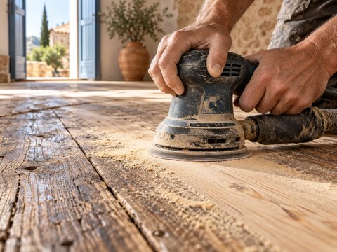 Trabajo en madera en una casa antigua mientras se lija el suelo