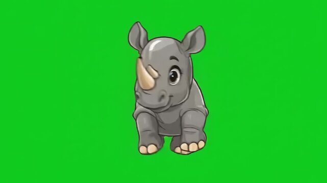 Energetic baby rhinoceros animal dancing on a chroma key green screen