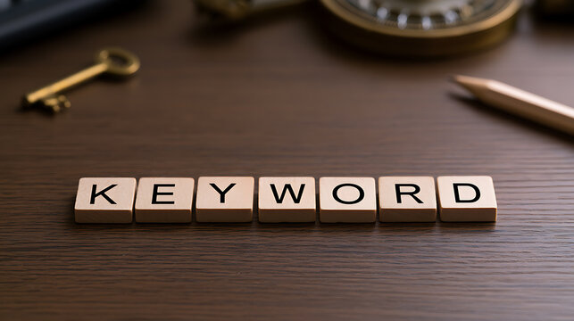 Keyword text spelled out with wooden letter tiles on a dark brown wooden desk surface surrounded by office supply objects like key and pen