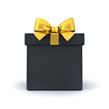 Front view of blank black gift box or black present box with gold ribbon and bow isolated over white background with shadow minimal black friday sale conceptual 3D rendering