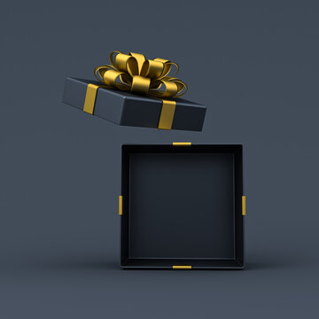 Blank open black gift box or opened black present box with gold ribbons and bow on lid cover isolated on dark black background with shadow minimal black friday shopping sale conceptual 3D rendering