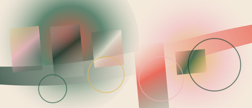 Abstract geometric composition with soft gradient rectangles and thin circular outlines on a light creamy background texture
