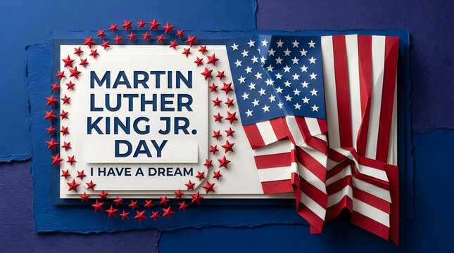 Martin luther king jr day banner with american flag and red star decorations on blue background