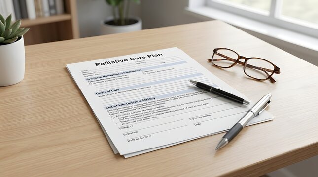 Palliative Care Planning Document with Pen and Reading Glasses for End of Life Medical Decisions and Treatment Preferences