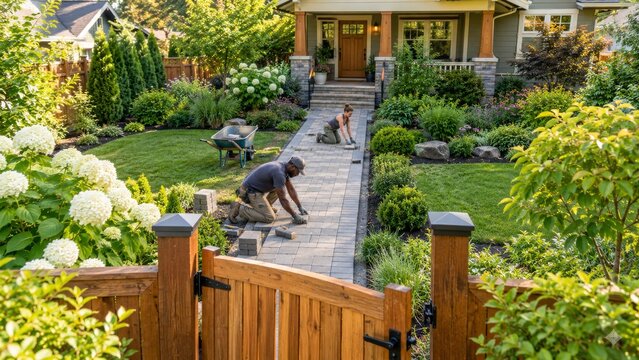 Trabajo de jardiner&iacute;a en un jard&iacute;n en un vecindario residencial