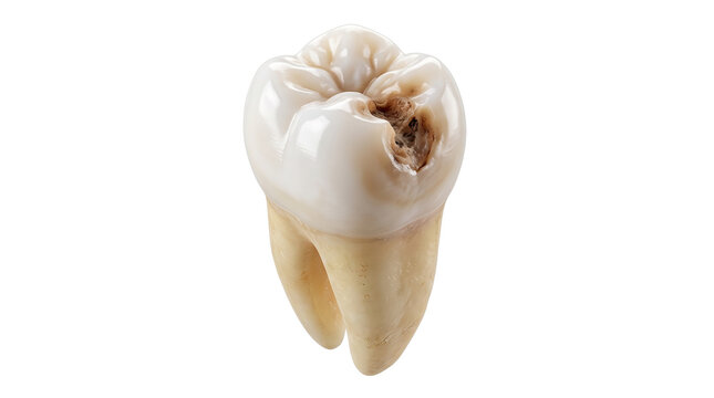 Decayed human molar with visible cavity, damaged tooth with dental caries and enamel erosion, medical illustration of tooth decay on white background