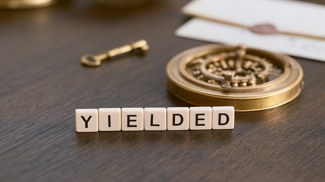 Yielded word spelled with alphabet letter tiles on dark wood table next to antique compass key and letter envelope for business concep