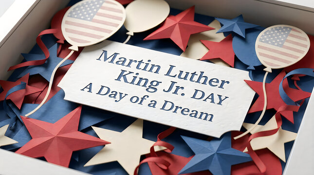 Martin luther king jr day sign with colorful paper stars and balloons in a layered shadow box frame