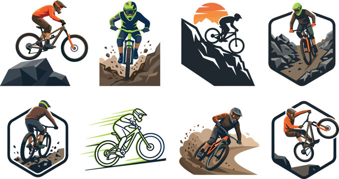 Mountain Bike Emblem Set with Downhill Riders Cycling Badges Dirt Trails and Extreme Sport Logos for Enduro Racing Adventure Activities and Graphic Designs
