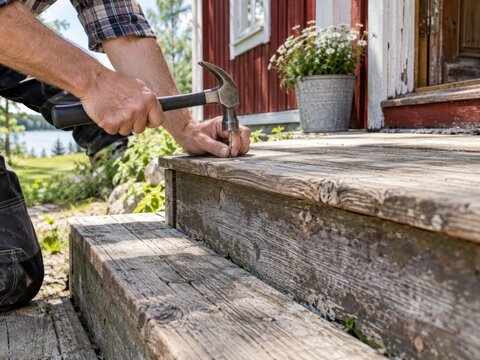 Un hombre trabaja en la reparaci&oacute;n de un escal&oacute;n de madera en una casa de campo junto a un lago