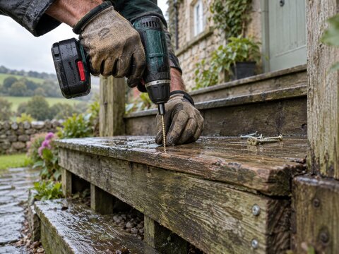 Trabajo en la reparaci&oacute;n de una escalera de madera en un entorno rural