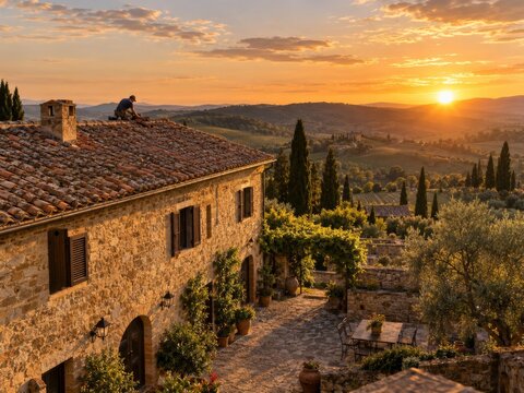 Un trabajador repara el techo de una casa mientras el sol se pone en el paisaje toscano