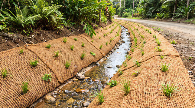 Erosion control implementation using coconut coir geotextile blankets on a roadside drainage ditch slope