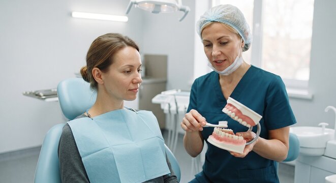 Professional dentist explaining proper dental hygiene using a jaw model and toothbrush to a female patient sitting in a dental chair.