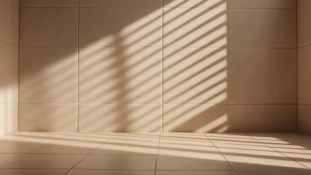 Minimalist empty room with beige tiled walls and floor illuminated by soft sunlight streaming through window blinds