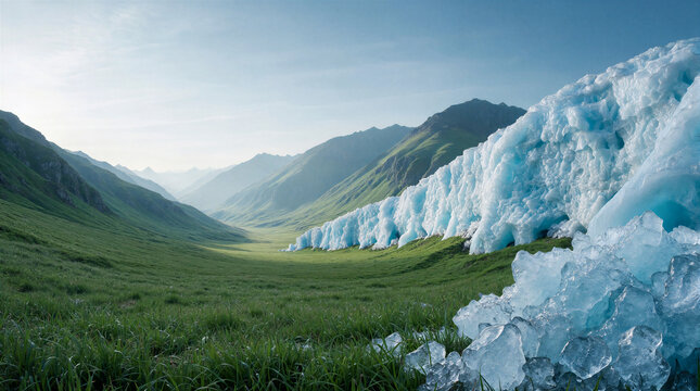 Glacial valley landscape featuring a melting jagged blue ice serac field terminating abruptly in green grass