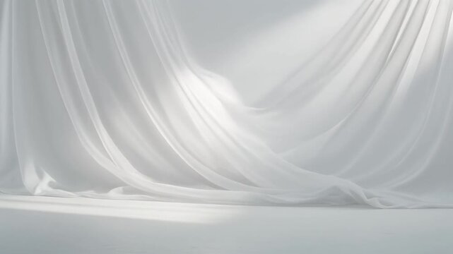 Minimalist white silk curtain background with soft draping fabric, smooth flowing folds, and elegant light shadows for product presentation and elegant interior design