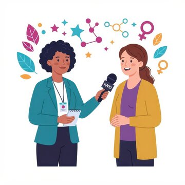 Woman reporter interviewing another woman with microphone