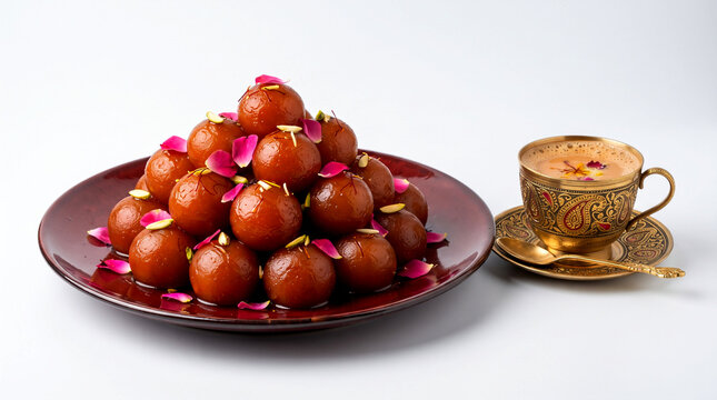 Traditional Indian sweet Gulab jamun mithai also known in India as Gulab Jambu with teacup for offering god at pray time or religious fasting food for Indian festival, white background 