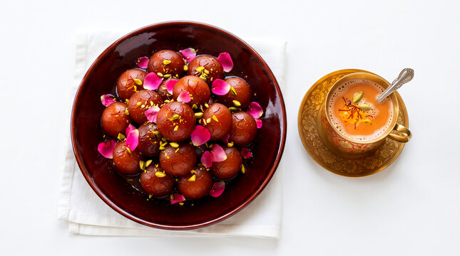 Traditional Indian sweet Gulab jamun mithai also known in India as Gulab Jambu with teacup for offering god at pray time or religious fasting food for Indian festival, white background, top view 