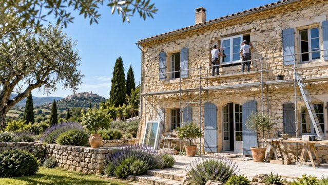 Restauraci&oacute;n de una casa en un paisaje de colinas en septiembre