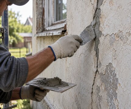 Trabajo de reparaci&oacute;n en la pared exterior de una casa