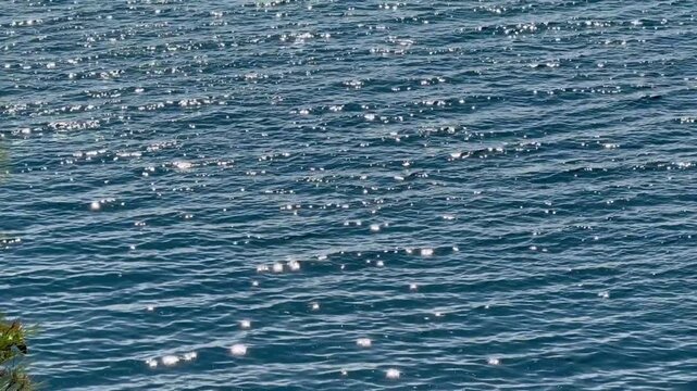 Sun glitter on rippling blue water surface, close-up