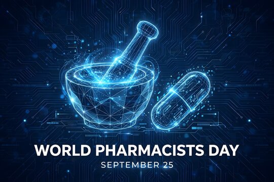 Modern digital illustration of mortar and pestle with capsule for world pharmacists day celebration