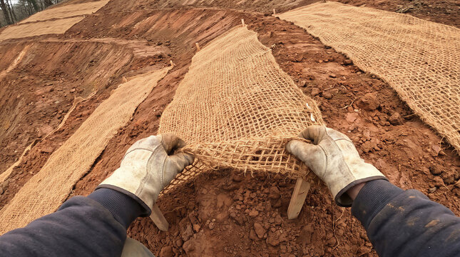 Installing biodegradable coconut coir geotextile netting for soil erosion control and land stabilization on a clay slope