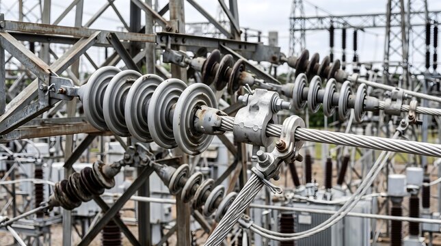 Industrial insulators and power lines at an electrical substation