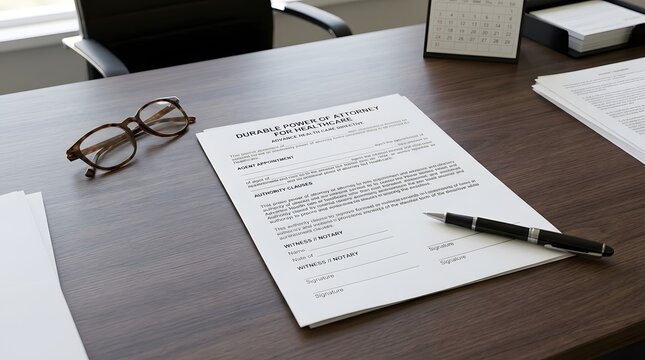 Durable Power of Attorney for Healthcare Document with Pen and Reading Glasses on Professional Business Desk