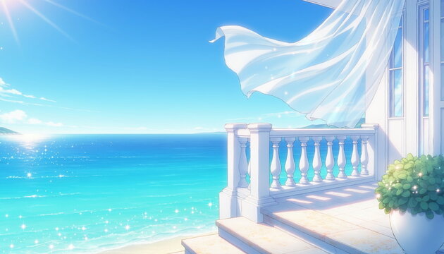 青い海と白いテラスが広がる明るい南国リゾートの風景　アニメ背景風イラスト