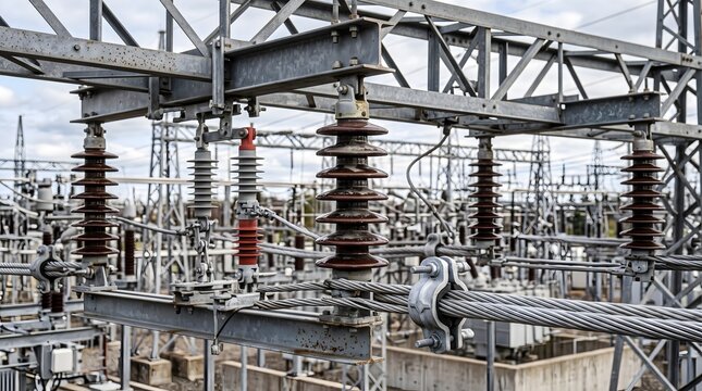 High voltage electrical substation insulators and steel infrastructure
