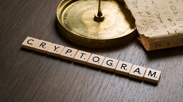 The word cryptogram spelled with wooden letter tiles on a dark wooden table with an old brass compass and an ancient cipher document