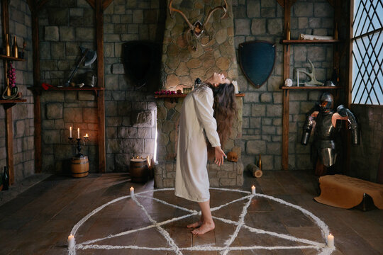 Woman summoning mystical forces within ancient surroundings