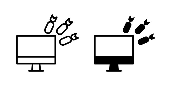 DDoS attack icon in outline and solid style, isolated on white background. Used in cybersecurity, network protection, and threat alert apps and websites.