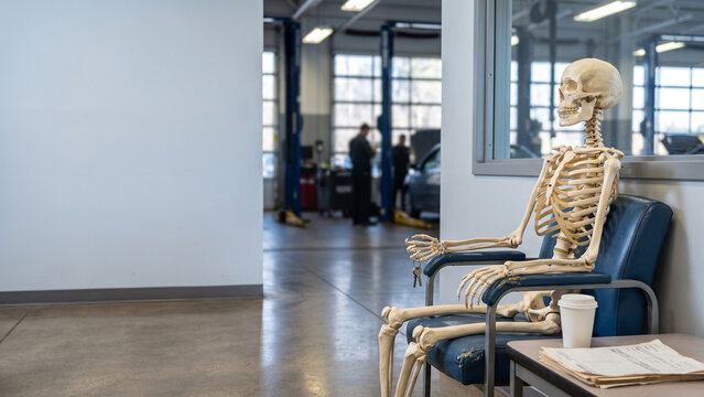 Skeleton Sitting Alone in a Bright Office Waiting Area