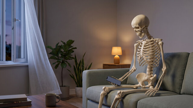 Skeleton Waiting on a Sofa with a Smartphone at Home