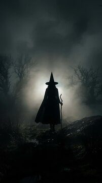 Silhouette of a witch walking with a staff through a foggy night forest. Spooky atmospheric tension and mysterious seasonal journey. Halloween 2026 eerie holiday banner and dark fantasy.