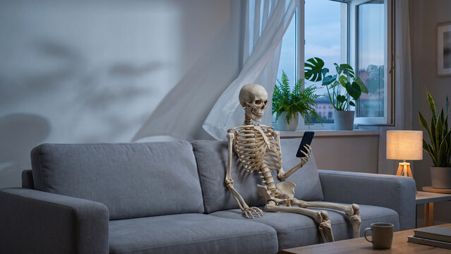 Skeleton Checking a Smartphone While Waiting on a Sofa