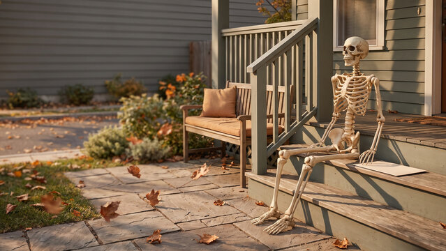 Skeleton Waiting on a Front Porch in Autumn
