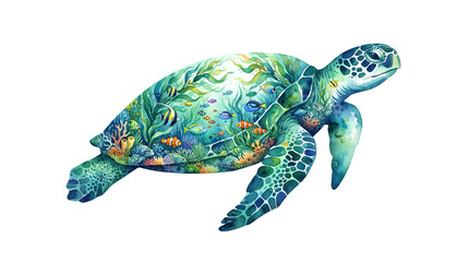 Fototapeta premium Watercolor sea turtle with a vibrant coral reef and tropical fish inside its shell isolated on white isolated on transparent background