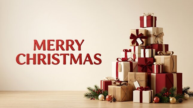 Merry christmas greeting with wrapped gift boxes and holiday decorations