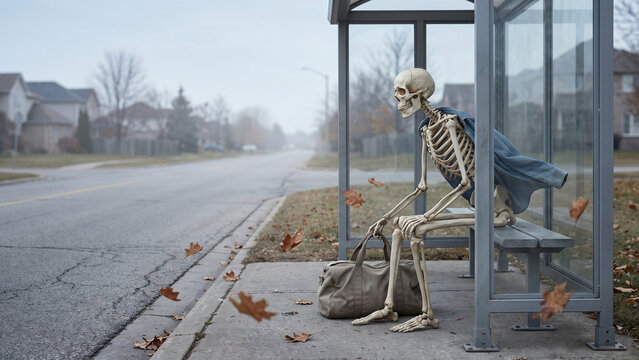 Skeleton Waiting with Luggage at a Roadside Bus Stop