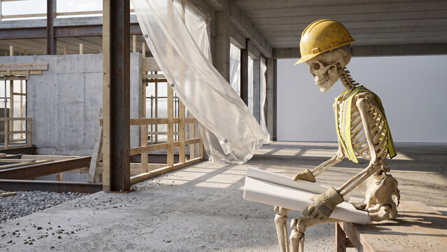Skeleton with Hard Hat Reading Plans at a Construction Site