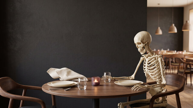Skeleton Waiting Alone at a Dining Table