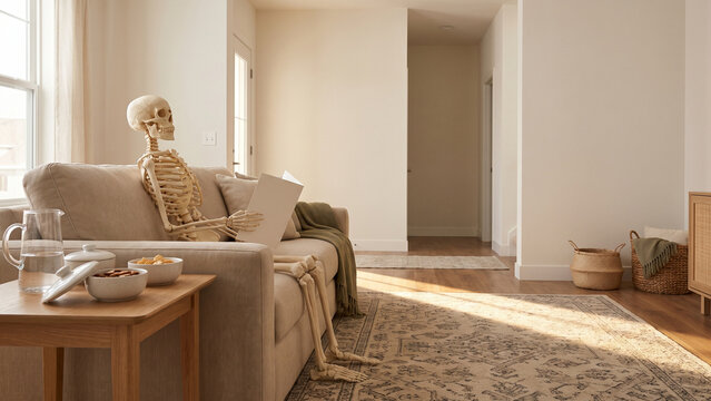 Skeleton Waiting on a Sofa in a Bright Living Room