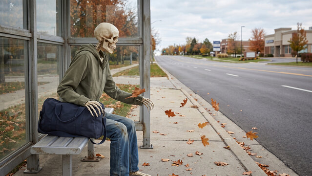 Skeleton Waiting at a Roadside Shelter in Autumn
