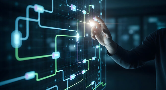 Abstract flowchart and network lines interface on dark background, person touching.